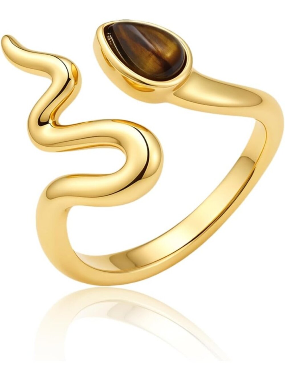 Adjustable Gold Plated Snake Ring with Tiger's Eye Gemstone - Unique Statement